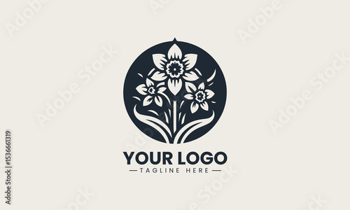 Bright yellow daffodil flower blooms beautifully with long green leaves in spring season vector logo illustration design