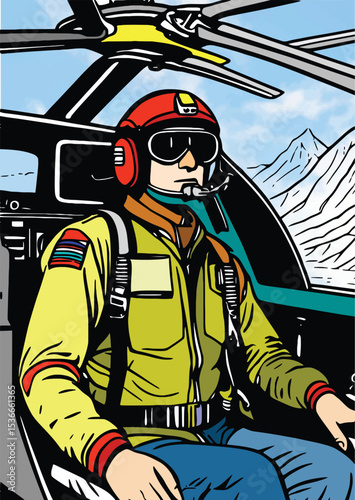 035-17-Helicopter pilot wearing helmet and goggles flying over snowy mountain range with bright blue sky. Hand-drawn illustration