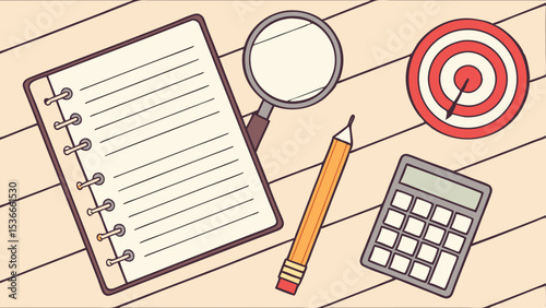 Focus Goal, flat lay shows notebook, magnifying glass, pencil, target, and calculator, Clean background