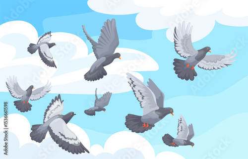 Pigeons flock. Flying doves group in blue sky cartoon background, pigeon flight cloud nature outdoor landscape city birds feather wings freedom concept, neat vector illustration