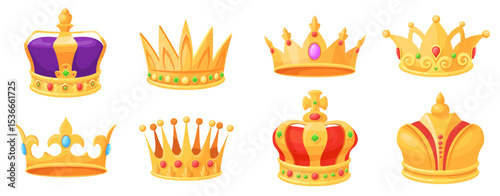 Cartoon monarch crowns. Golden crown set, king queen princess prince coronation headdress royal jewel with diamond authority power symbol rpg game award, neat vector illustration