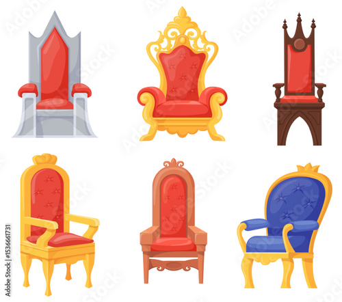 Cartoon royal thrones. King chair queen throne emperor seat antique medieval luxury armchair kingdom fairytale game royalty object ancient castle prestige, neat vector illustration