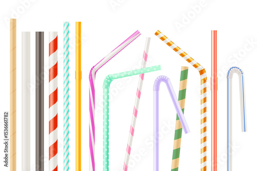 Realistic drinking straw. Plastic straws for cocktail drink glass, 3d bendy tube red stripe reusable paper bamboo pipes drinking juice alcohol beverages, exact vector illustration