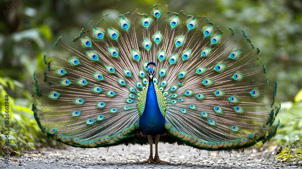 Obraz premium Majestic Indian Peacock Displaying its Vibrant Plumage Outdoors in Nature
