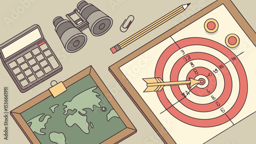 Business Focus Goal, Target board with arrow, globe, calculator, and binoculars for strategic planning, Clean background