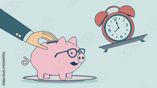 Savings and time, Piggy Bank wearing glasses next to clock,