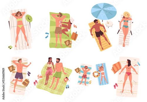People sunbathing towels. Man woman in swimsuit lying on towel sea beach, relax sunbath top view tan guy girl bikini sun bath summer vacation pool rest, classy vector illustration