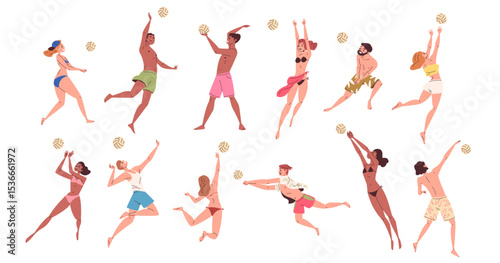 Beach volleyball players. Man woman in swimsuit play volley ball game, athlete hit block balls sport player character swimwear summer vacation activity classy vector illustration