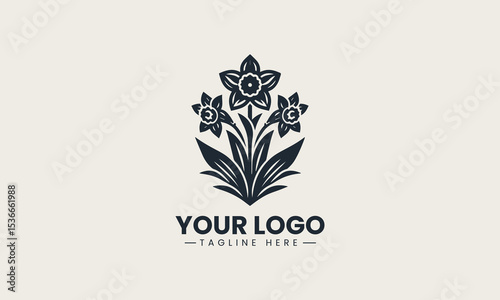 Bright yellow daffodil flower blooms beautifully with long green leaves in spring season vector logo illustration design