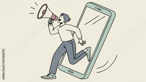 Vector man emerges from smartphone, holding megaphone, expressing excitement and energy