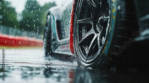 A close-up of specially designed rain tires gripping a wet track, water dispersing perfectly