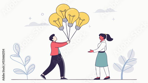 SVG Vector man holding lightbulb balloons approaches woman, sharing joyful moment