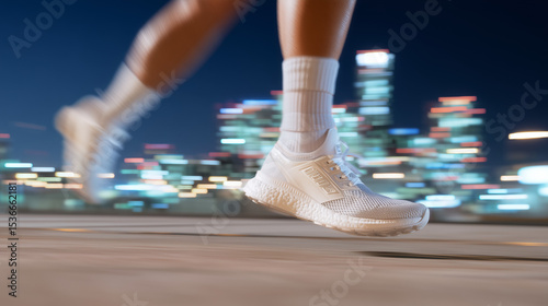City running, outdoor running, close up of sneakers running at night, dynamic movement, outdoor exercise
