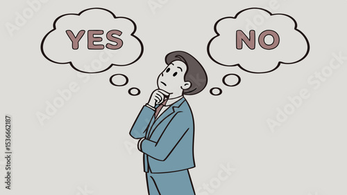 SVG Vector man in blue suit is shown contemplating decision with thoughts of yes and no