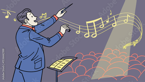 Man conducts orchestra while smiling, creating joyful atmosphere