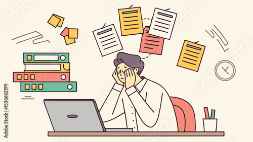 Businessman is overwhelmed by large number of tasks while working at desk