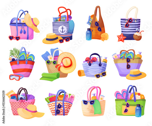 Summer beach bags set. Summertime sea recreation essentials in bag, fashion woman hat towel sunglasses vacation clothes sun holiday cartoon accessories, swanky vector illustration