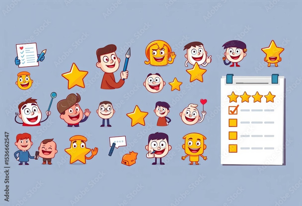 Fototapeta premium Diverse cartoon survey icons filling a form, giving five-star ratings & positive comments Flat vector illustration, review, application
