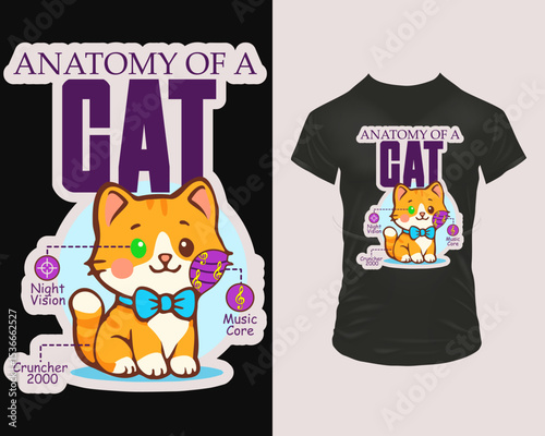 Design for apparel featuring a small ginger cat with labeled anatomy parts like Music Core, Night Vision, and Cruncher 2000. Perfect for funny T-shirts, hoodies, stickers, kids apparel.