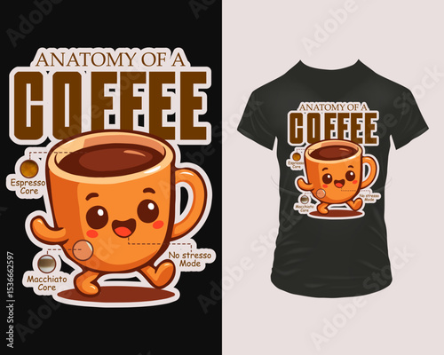 Vector coffee-themed t-shirt print showing a happy mug in “Anatomy of Coffee” style with Espresso Core, Macchiato Core and No Stress Mode call-outs. Perfect for cafes, streetwear and gift merch.