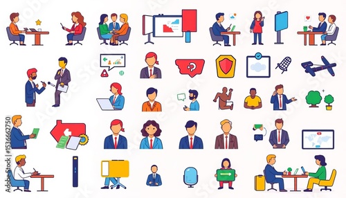 Diverse collection of business meeting icons depicting teamwork, conferencing, and online collaboration,  discussion group,  conference