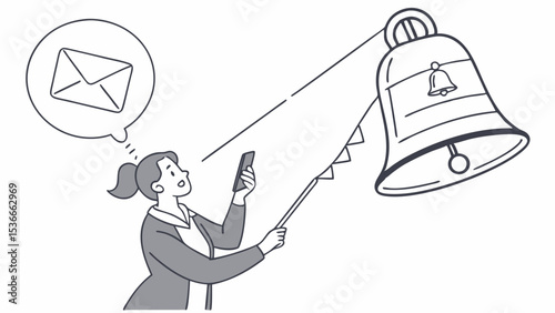 Social Media Messages Reminder, Businesswoman is holding smartphone and pointing at notification bell, expressing excitement