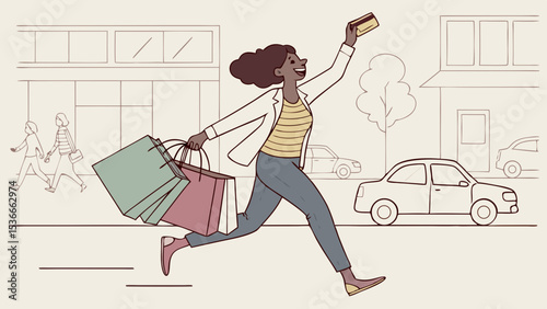 Joyful woman runs while carrying shopping bags and credit card, enjoying her day out