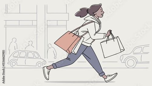 Woman rushes along, carrying numerous shopping bags with excitement