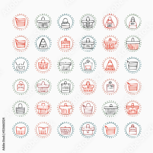 Set of 30 outline icons related to shopping cart, shopping  basket, shopping  bag. Linear icon collection. Editable stroke. Vector illustration
