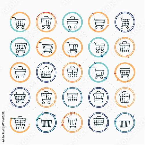 Set of 30 outline icons related to shopping cart, shopping  basket, shopping  bag. Linear icon collection. Editable stroke. Vector illustration
