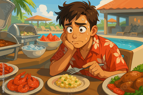 Worried man staring at unappetizing buffet plate