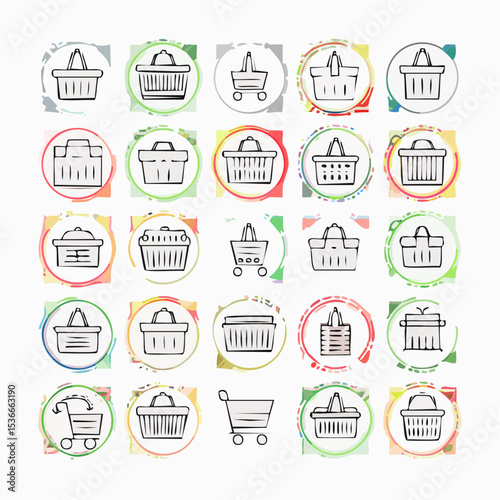 Set of 30 outline icons related to shopping cart, shopping  basket, shopping  bag. Linear icon collection. Editable stroke. Vector illustration
