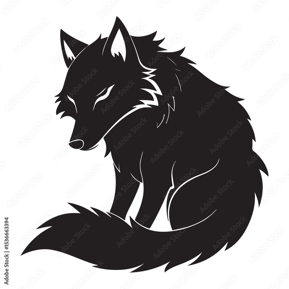 Fototapeta premium Silhouette of a tired wolf resting its head on paws 