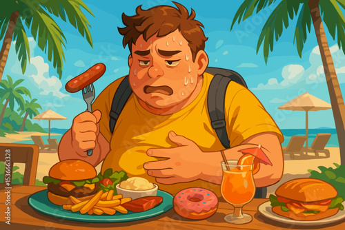 Overwhelmed man sweating while eating too much food