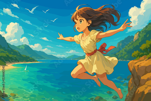 Girl jumping off cliff over tropical ocean landscape