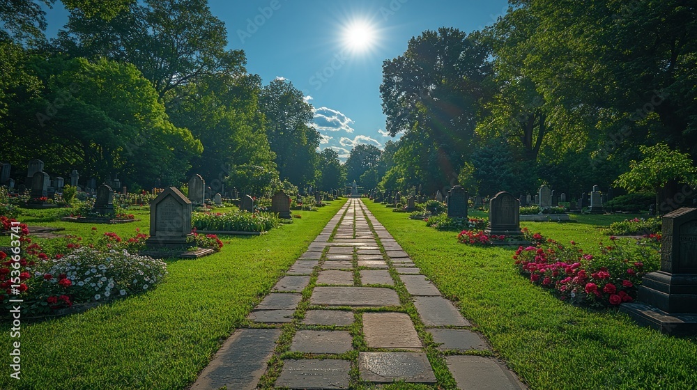 Fototapeta premium Sunlit Pathway Through a Cemetery