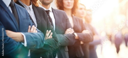 The confident business team standing together in a bright urban setting.