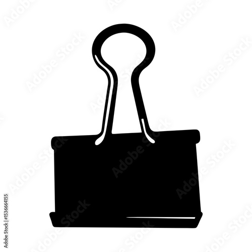Black binder clip icon, office equipment and stationary supplies on white
