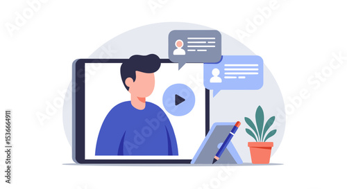 Man talking on video call with tablet on desk and plant background - Concept of travel