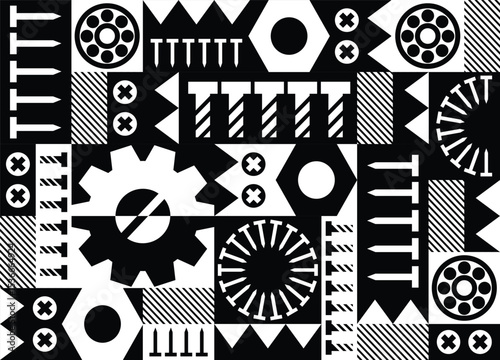 Geometric abstract vector pattern with cogwheel symbols, mechanical engineering elements, industrial tools. Graphics composition, best use in web design, business card, poster, textile print.