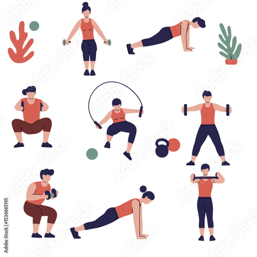 Group of people exercising with weights and equipment in a gym  