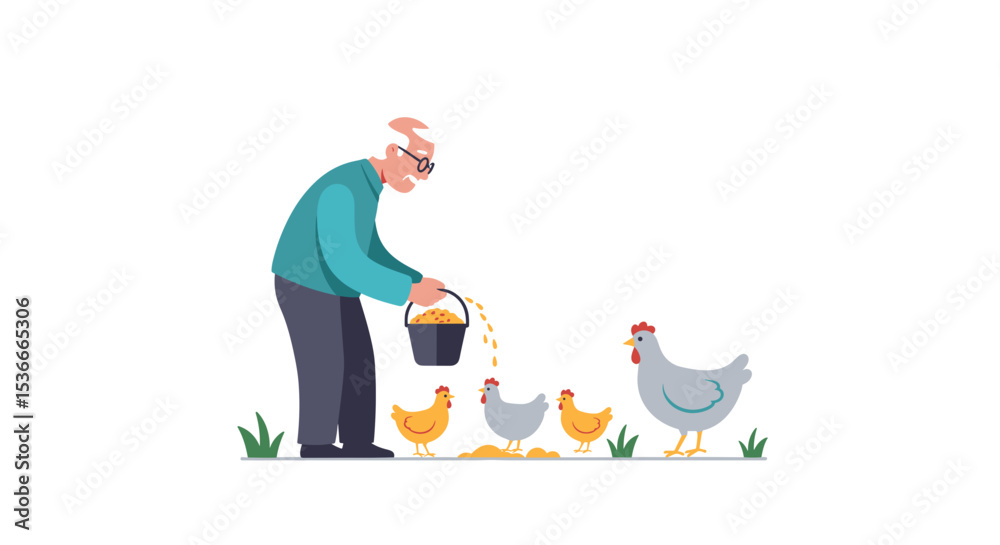 Naklejka premium Elderly man feeding chickens with a bucket in a farmyard setting 