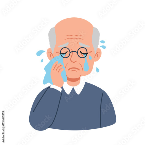 Elderly man wiping tears with a handkerchief while feeling sad 