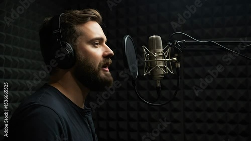 Voiceover Artist Speaking into Microphone in Recording Studio
