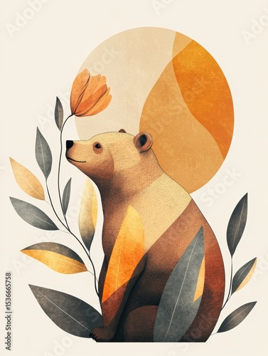 calm bear in pastoral composition