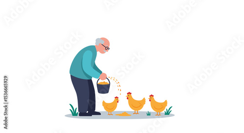Elderly man feeding chickens in a garden with green grass