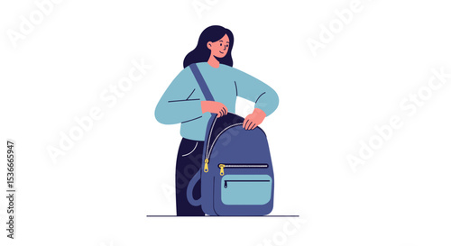 Young woman packing backpack with blue bag on white background  