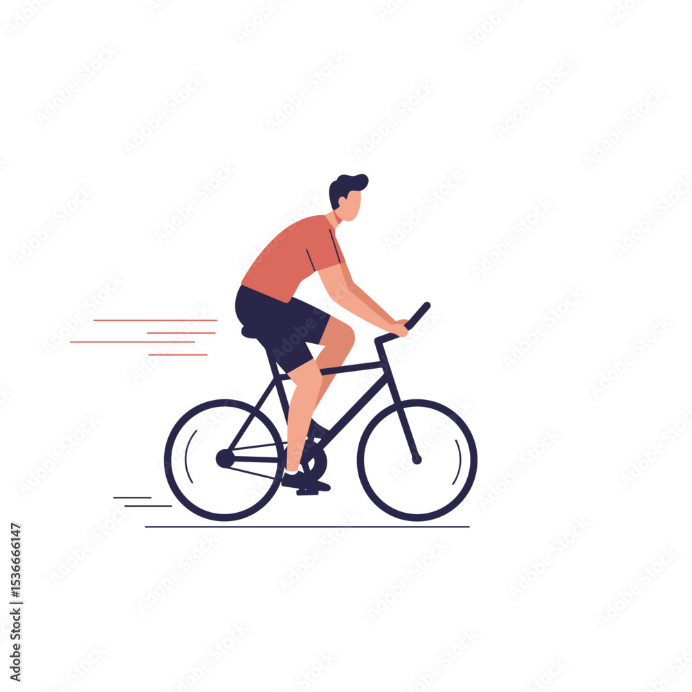 Fototapeta premium Young man riding bicycle at speed in minimalist design style 