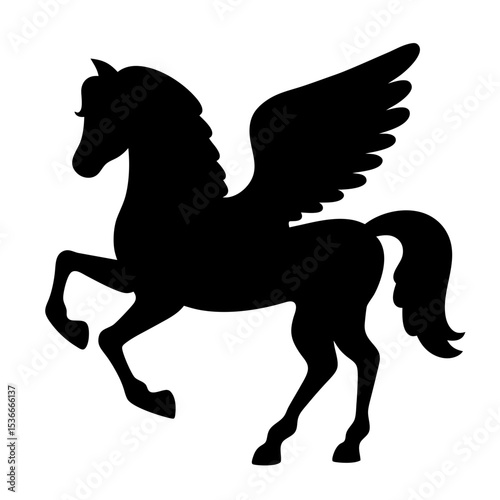 Elegant Pegasus Silhouette with Flowing Mane and Tail on White Background