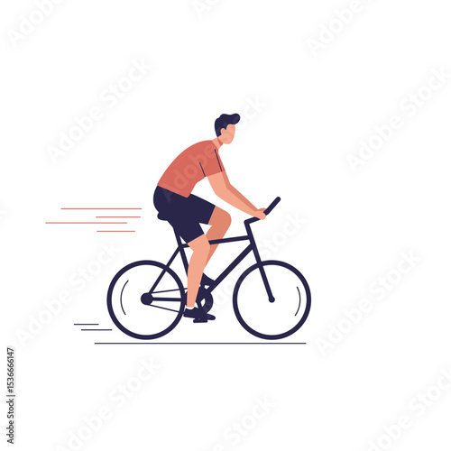 Young man riding bicycle at speed in minimalist design style  